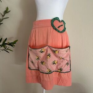 Vintage 1950's Handmade Waist Half Apron Large Front Pockets Rickrack Peach